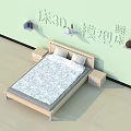 Double Bed 3D Model With Light Green Wall Nightstands And Wall Shelves