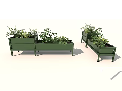 Green Raised Garden Planter Boxes With Various Plants And Sturdy Stands 3d model