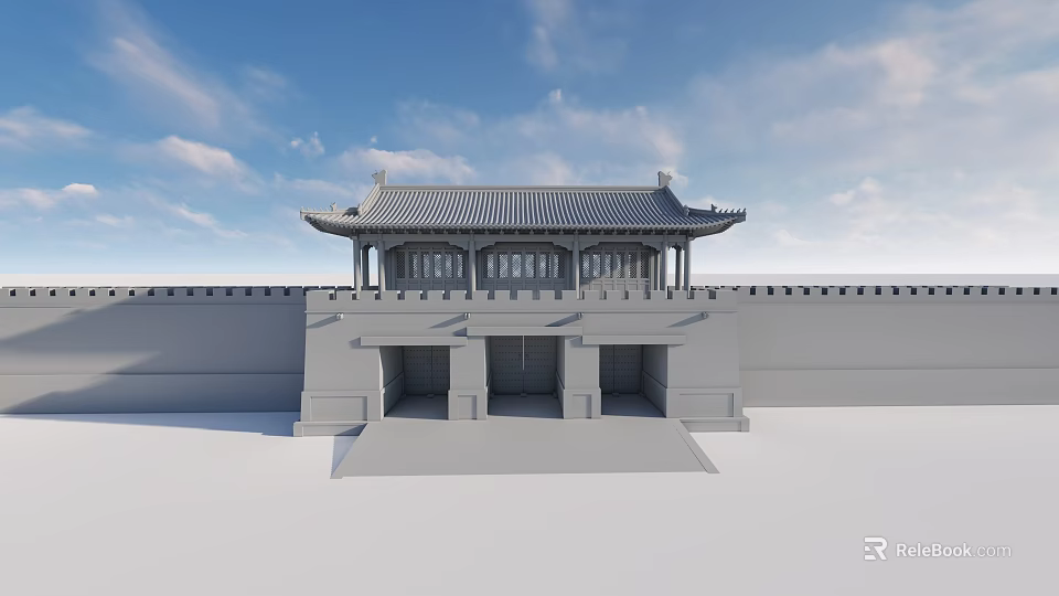 Traditional Chinese Gate Tower With Gray Roof Eaves And City Wall Under Blue Sky 3d model 