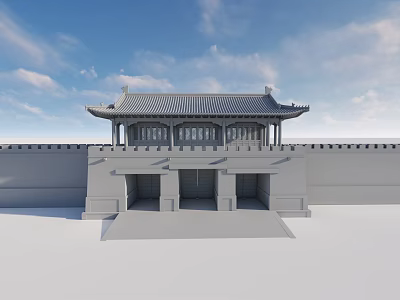 Traditional Chinese Gate Tower With Gray Roof Eaves And City Wall Under Blue Sky 3d model