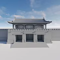 Traditional Chinese Gate Tower With Gray Roof Eaves And City Wall Under Blue Sky