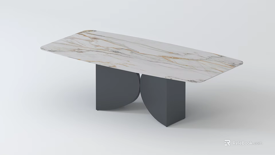 Modern Dining Table With Marble Tabletop White And Gold Veins Black Curved Legs 3d model 