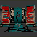 Teal Mechanical Device With Red Sections And Metal Mesh Industrial Structure