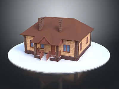 Small Wooden House Model With Brown Roof Two Chimneys And Blue Windows On White Platform 3d model