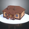 Small Wooden House Model With Brown Roof Two Chimneys And Blue Windows On White Platform