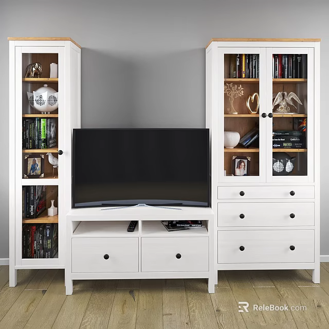 Modern TV Wall Design With White Glass Door Cabinets TV Stand And Decorative Items 3d model 