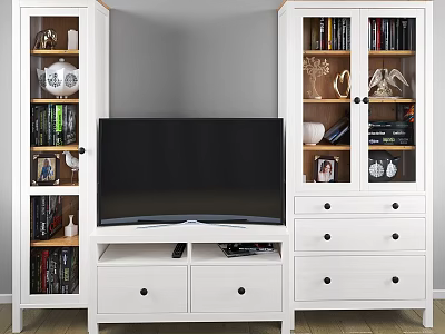 Modern TV Wall Design With White Glass Door Cabinets TV Stand And Decorative Items 3d model