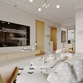 Bright Living Dining Room With White Sofa Floral Paintings And Patterned Rug
