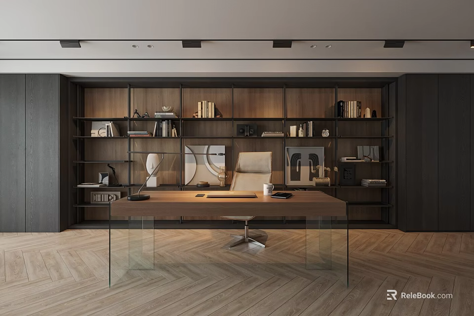Modern Home Office Space With Wooden Bookshelves Desk Books White Chair And Herringbone Flooring 3d model 