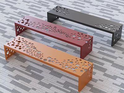 Modern Landscape Seats with Perforated Design in Vibrant Orange Red and Black on Striped Floor 3d model