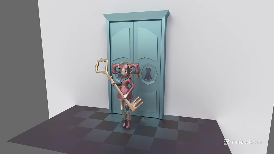 Pink-haired Character Holding Large Key Standing by Blue Double Door on Black and White Checkered Floor 3d model 
