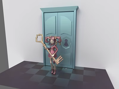Pink-haired Character Holding Large Key Standing by Blue Double Door on Black and White Checkered Floor 3d model