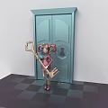 Pink-haired Character Holding Large Key Standing by Blue Double Door on Black and White Checkered Floor
