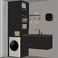 Modern Gray Balcony Cabinet With Washing Machine Sink Faucet And Wall Shelves