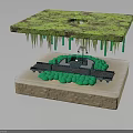 Mossy Suspended Green Platform With Hanging Vines And Mini Landscape Below Stone Pedestal