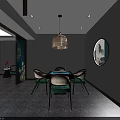 Elegant Private Dining Box Interior Featuring Blue Wall Crane Pine Pattern Round Table Green Chairs 3d model