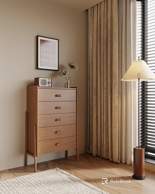 Wooden Entryway Cabinet Sideboard With Drawers Decorative Painting And Table Lamp Near Curtains 3d model 