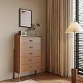 Wooden Entryway Cabinet Sideboard With Drawers Decorative Painting And Table Lamp Near Curtains