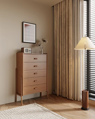 Wooden Entryway Cabinet Sideboard With Drawers Decorative Painting And Table Lamp Near Curtains 3d model