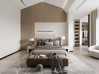 Modern Bedroom Interior With Wooden Wall Bed Bench Area Rug And Pillows 3d model