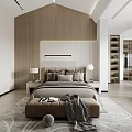 Modern Bedroom Interior With Wooden Wall Bed Bench Area Rug And Pillows