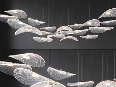 Modern Curved Leaf Shaped Translucent Chandeliers With Textured Design Suspended In Wave Formation 3d model