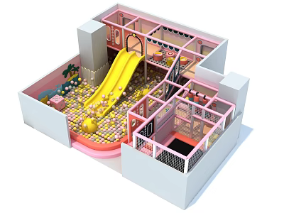 Indoor Children's Playground with Yellow Slide Ball Pit Pink Design Climbing Frames Safety Fences 3d model