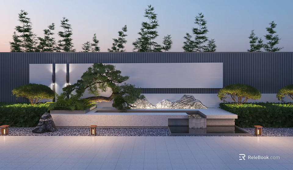 Outdoor Modern Scenic Feature Wall With Bonsai Pine Rockery Water Flow And Lanterns 3d model 