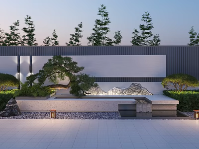 Outdoor Modern Scenic Feature Wall With Bonsai Pine Rockery Water Flow And Lanterns 3d model