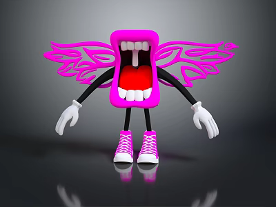 Pink Animated Game Character With Open Mouth Wings White Teeth And Pink Sneakers 3d model
