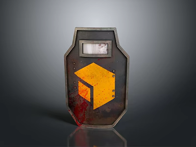 Tactical Metal Shield Weapon With Yellow Geometric Design Red Bloodstains And Transparent Viewing Window 3d model