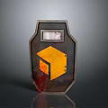 Tactical Metal Shield Weapon With Yellow Geometric Design Red Bloodstains And Transparent Viewing Window