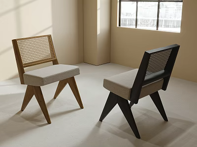 Modern Minimalist Dining Chairs With Rattan Back And Grey Upholstered Seat In Light Room 3d model