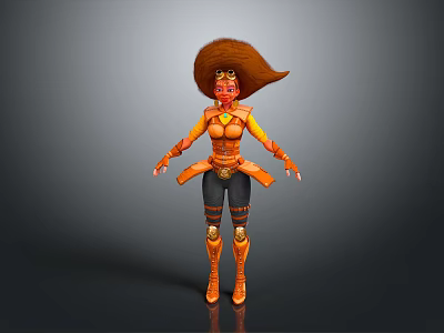 Woman In Orange Outfit With Large Hat Yellow Accents Black Pants And Orange Boots 3d model