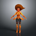 Woman In Orange Outfit With Large Hat Yellow Accents Black Pants And Orange Boots