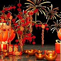 Traditional Chinese New Year Art Installation With Red Lanterns Fireworks Fu Characters And Gold Ingots