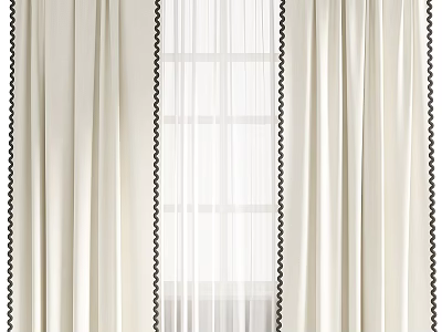 Beige Curtains With Sheer Panel And Black Wavy Trim For Window Design 3d model