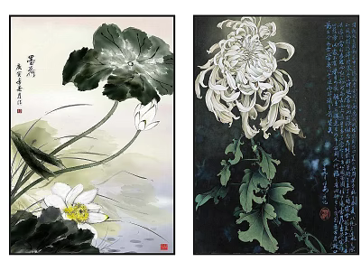 Traditional Chinese Plant Paintings of Lotus and Chrysanthemum with Green Leaves and White Flowers 3d model