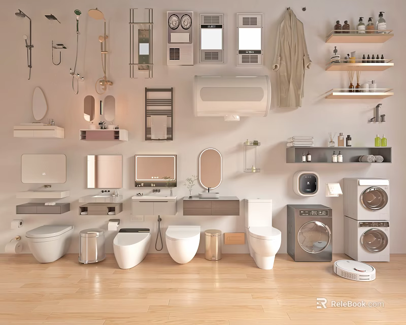 Modern Bathroom Interior Design With Toilets Vanities Mirrors Shower Fixtures And Accessories 3d model 