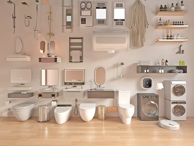 Modern Bathroom Interior Design With Toilets Vanities Mirrors Shower Fixtures And Accessories 3d model