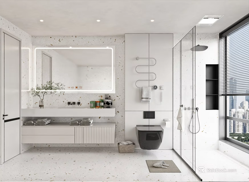 Modern Bathroom Interior With Large Mirror Double Sink Vanity Wall Mounted Cabinets And Glass Shower 3d model 