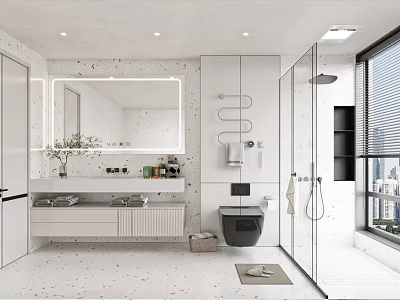 Modern Bathroom Interior With Large Mirror Double Sink Vanity Wall Mounted Cabinets And Glass Shower 3d model