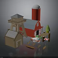 3D Farm Model Featuring Red Barn Water Tower Cottage Boat Trees And Fence