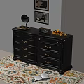 Vintage Black Entryway Cabinet Sideboard With Gold Handles Gramophone Radio And Lemons On Rug