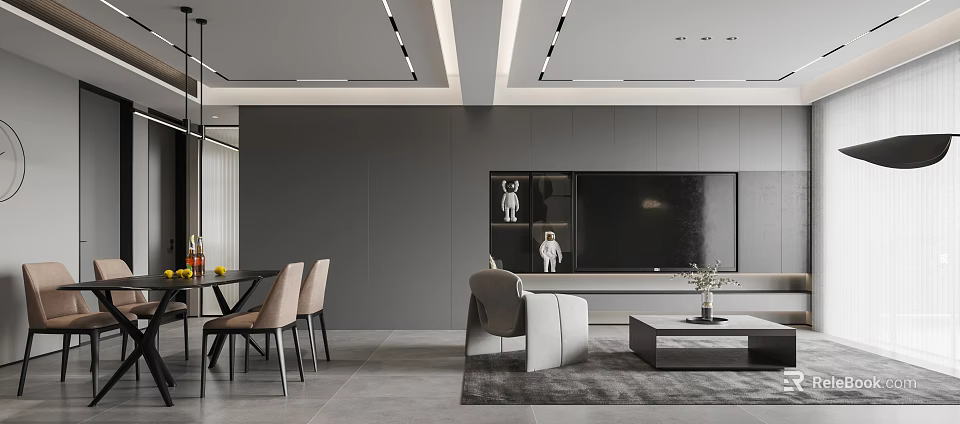 Modern Living Dining Room Interior With Gray Walls TV Wall Sofa Dining Table And Decorative Elements 3d model