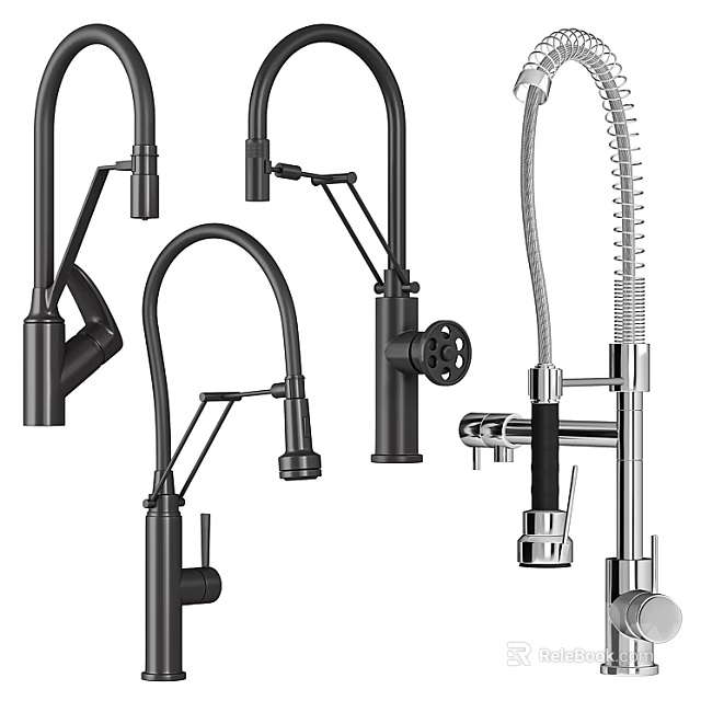Different Styles of Modern Kitchen Faucets in Black and Silver Designs 3d model 