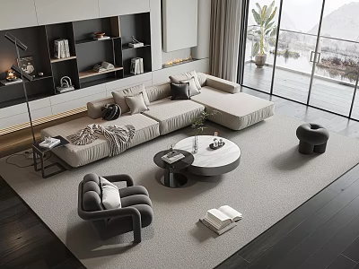 Modern Living Room Light Gray Sectional Sofa With Pillows Throw Blanket And Round Coffee Table 3d model