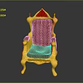 Ornate Royal Throne Chair With Golden Frame And Purple Upholstered Design
