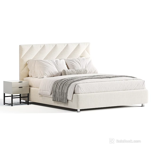 Cream Colored Double Bed With Tufted Headboard White Pillows Gray Throw And Bedside Table 3d model