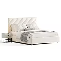 Cream Colored Double Bed With Tufted Headboard White Pillows Gray Throw And Bedside Table 3d model